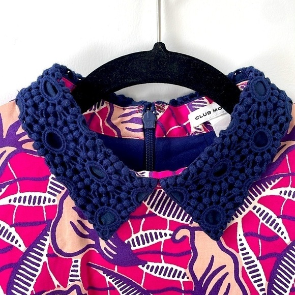 Club Monaco Floral Mini Dress Sleeveless Knit Crochet Collar Silk Pink 00 - Picture 3 of 13